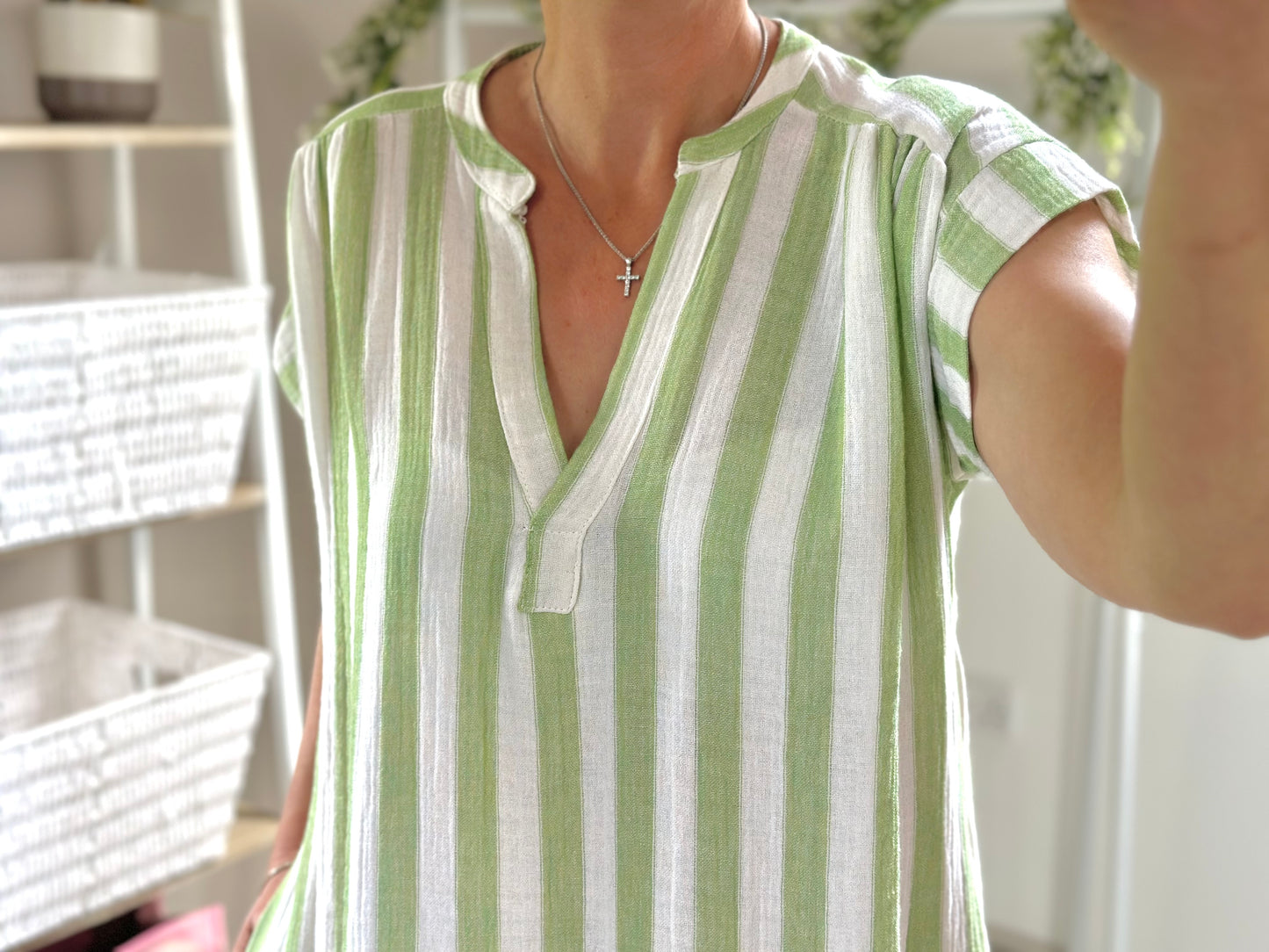 Made in Italy Green and Beige Stripe V Neck Dress