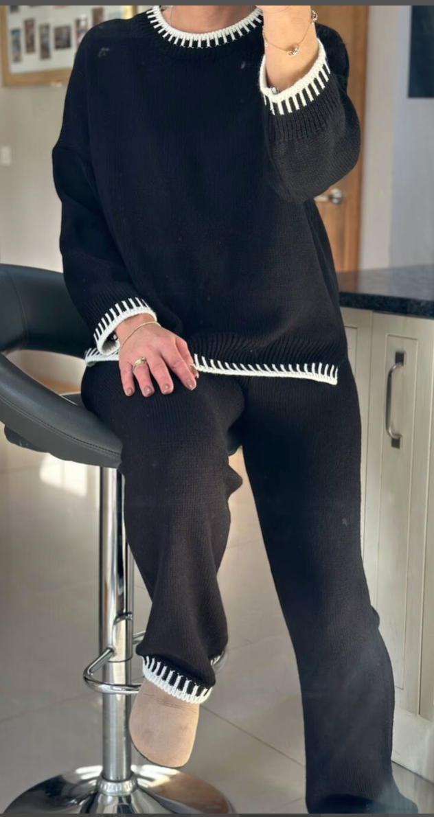 Made in Italy Black Thick Knitted With Border Detail Two Piece Co-Ord Set, Loungewear, Cosy