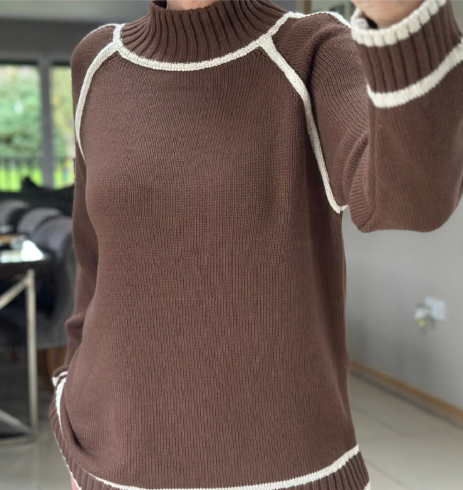 Made in Italy Brown Thick Knitted High Neck Border Detail Two Piece Co-Ord Set, Loungewear, Cosy Knitwear.