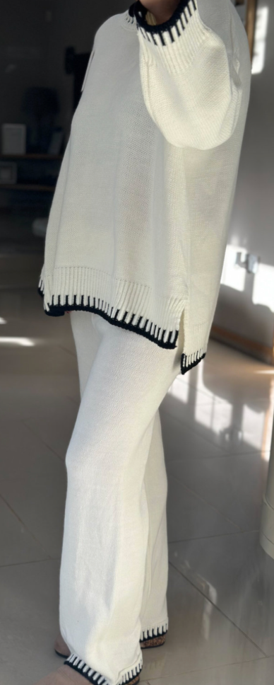 Made in Italy Cream Thick Knitted With Border Detail Two Piece Co-Ord Set, Loungewear, Cosy Knitwear.