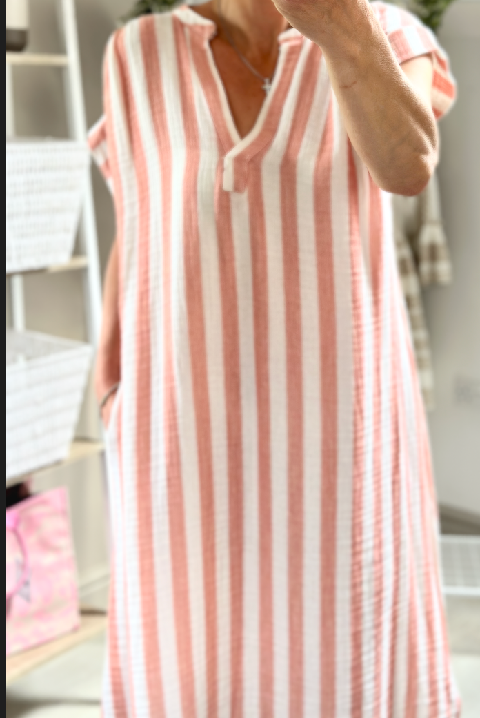Made in Italy Pink and Beige Stripe V Neck Dress