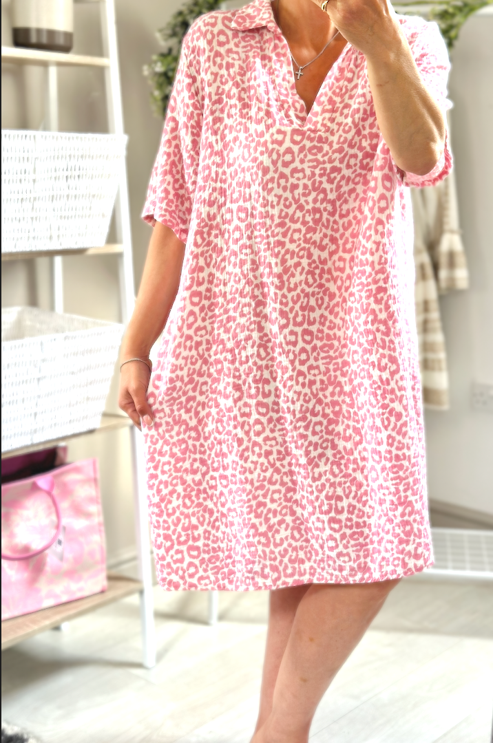 Made in Italy Pink Leopard Print Cheese Cloth V-Neck Dress