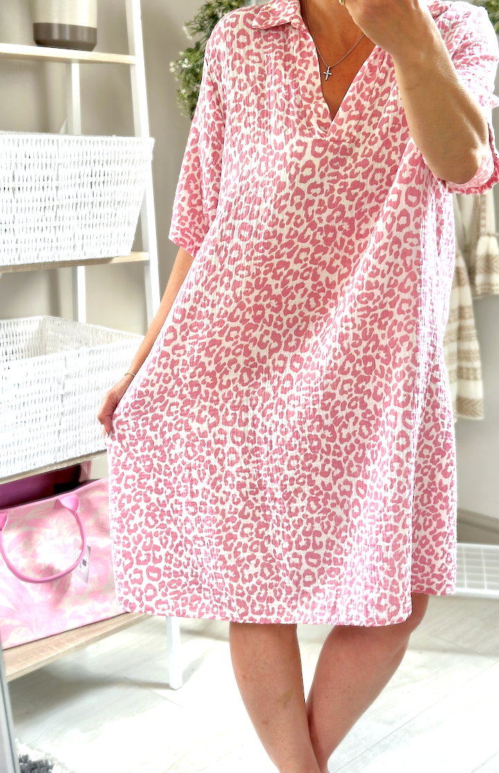 Made in Italy Pink Leopard Print Cheese Cloth V-Neck Dress