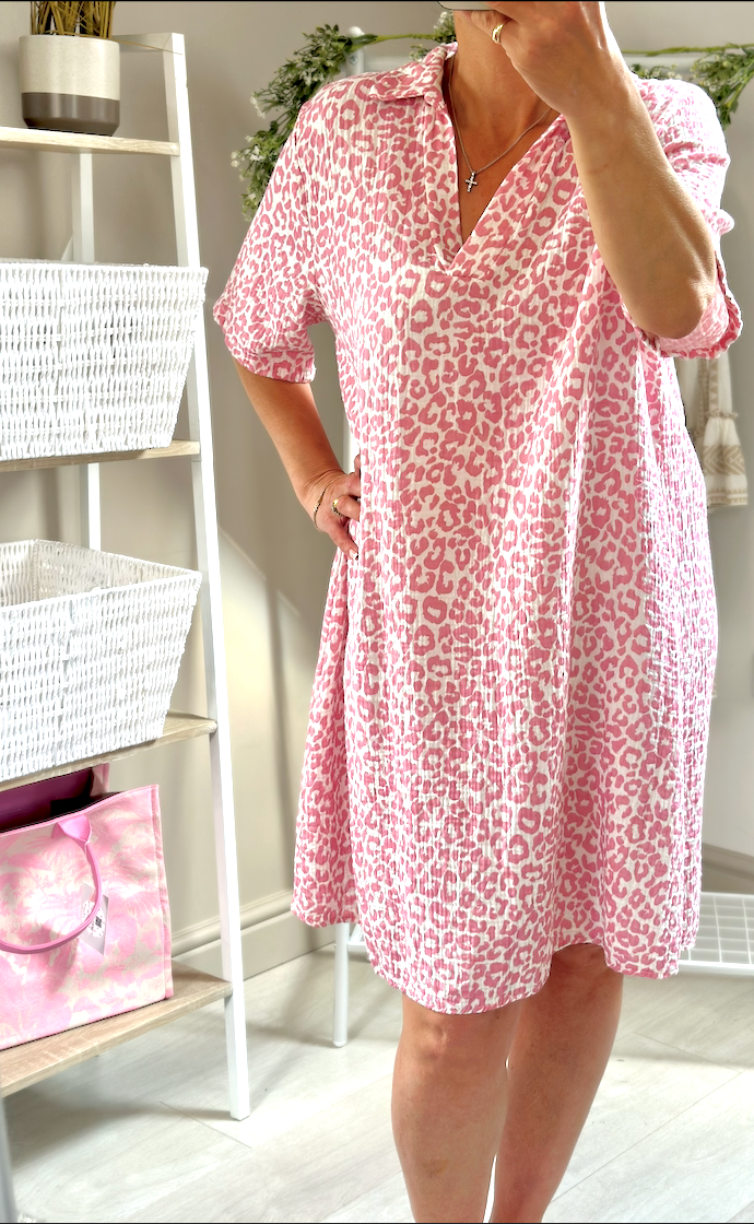 Made in Italy Pink Leopard Print Cheese Cloth V-Neck Dress