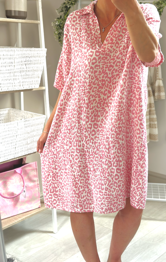 Made in Italy Pink Leopard Print Cheese Cloth V-Neck Dress