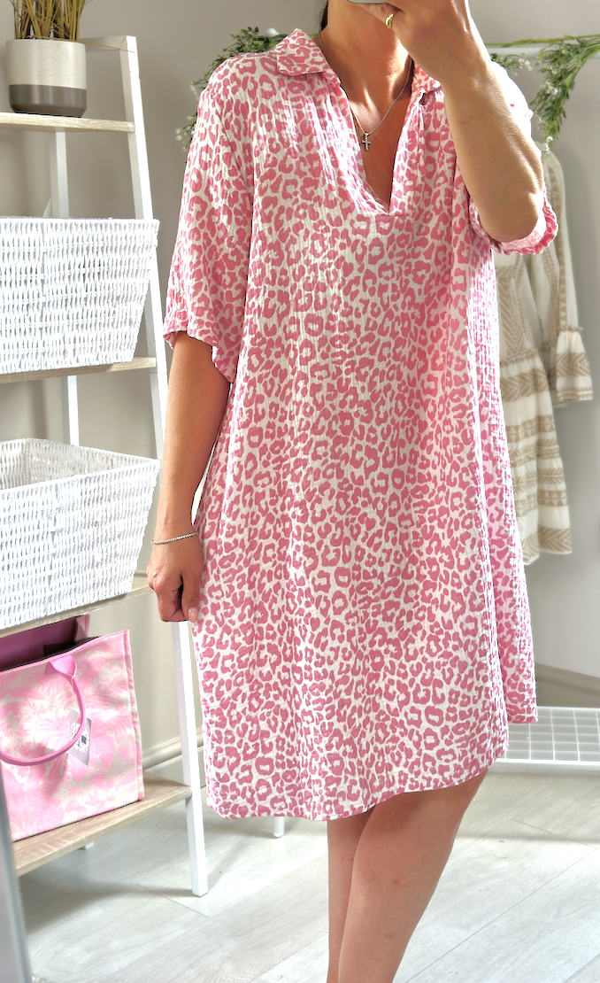 Made in Italy Pink Leopard Print Cheese Cloth V-Neck Dress