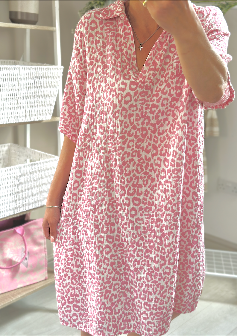 Made in Italy Pink Leopard Print Cheese Cloth V-Neck Dress