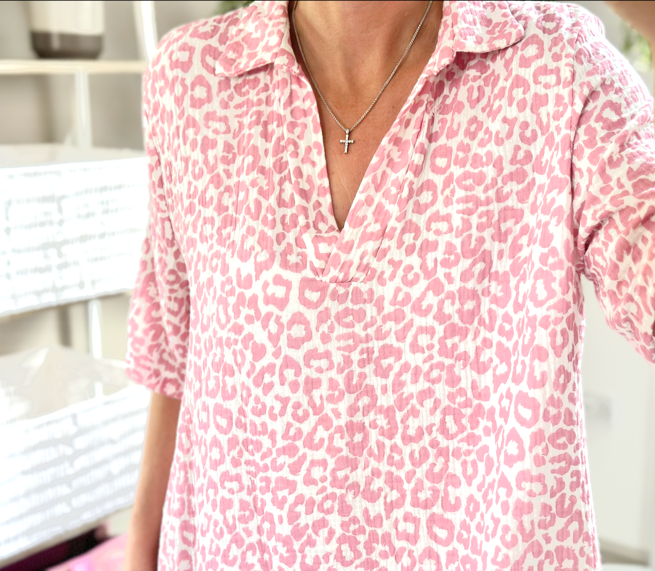 Made in Italy Pink Leopard Print Cheese Cloth V-Neck Dress