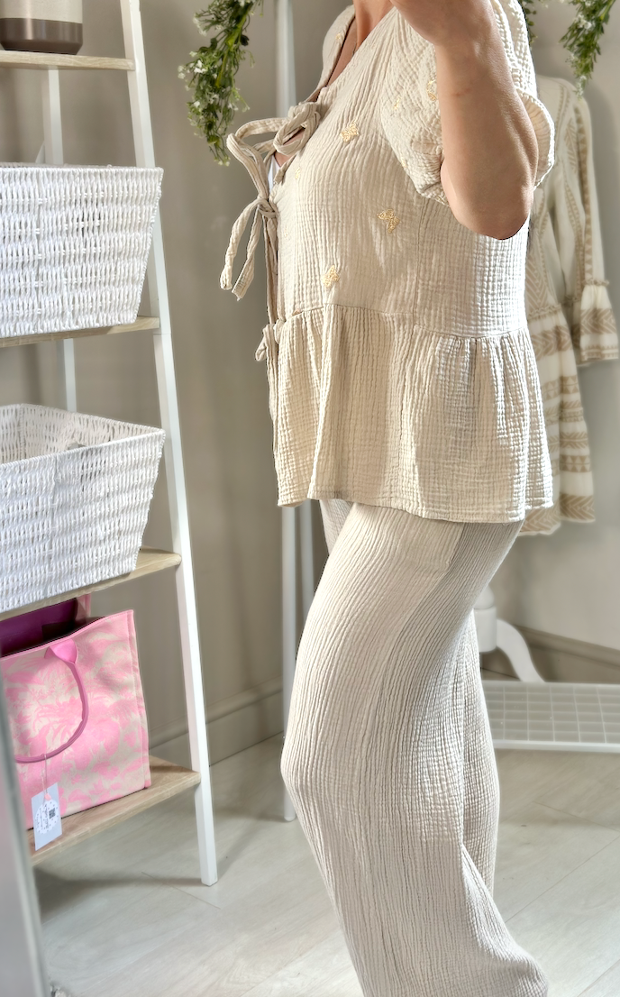 Made in Italy Cheesecloth Beige Gold Butterfly Co-Ord Out-Fit