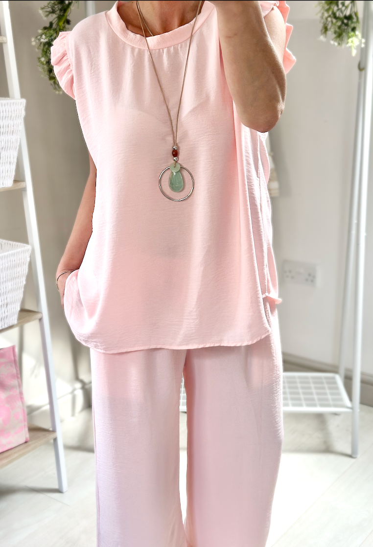Made in Italy Baby Pink Ruffle Sleeve Top Culotte Trouser Set, Co-Ord Set