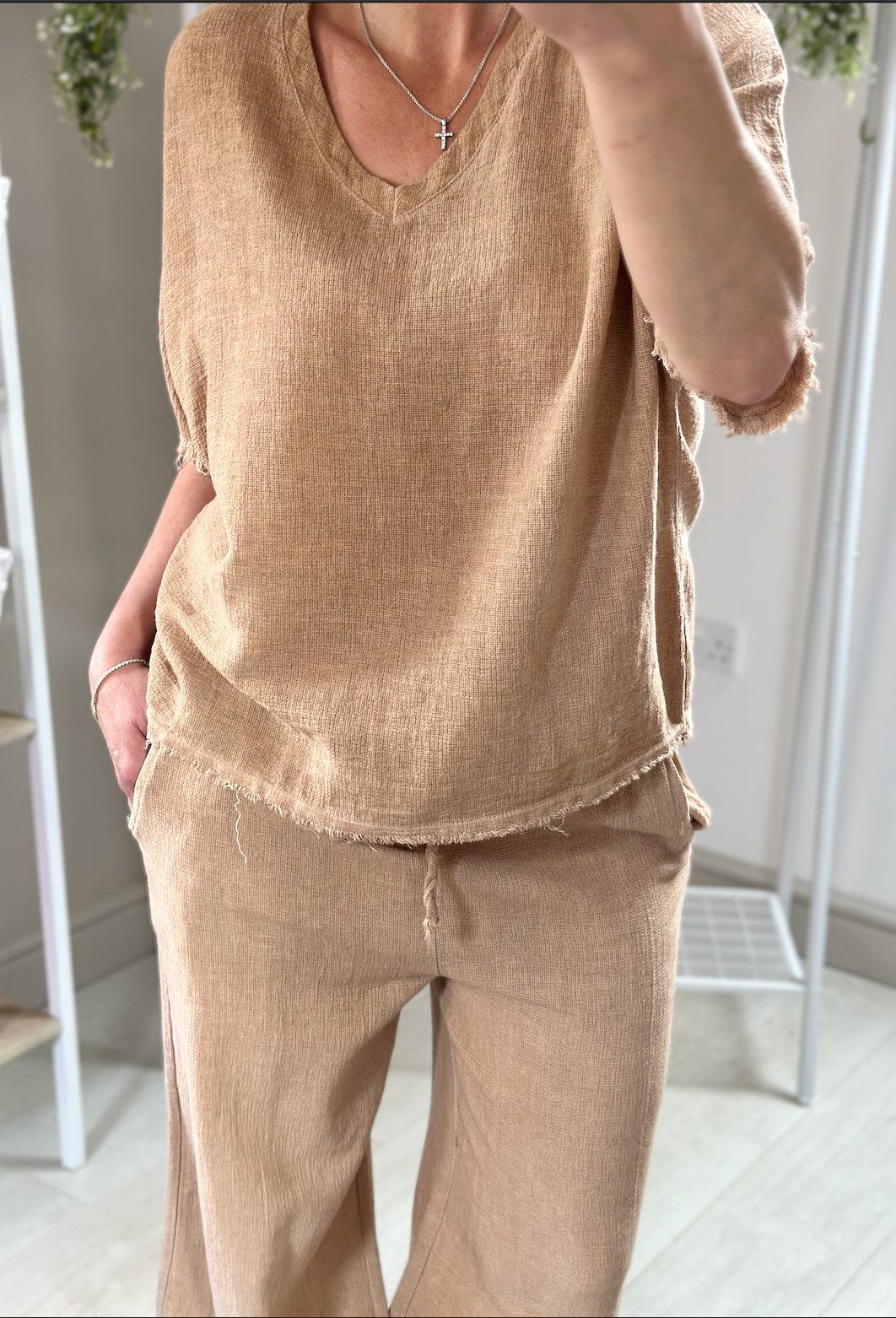 Made in Italy Tan Washed Linen Top.