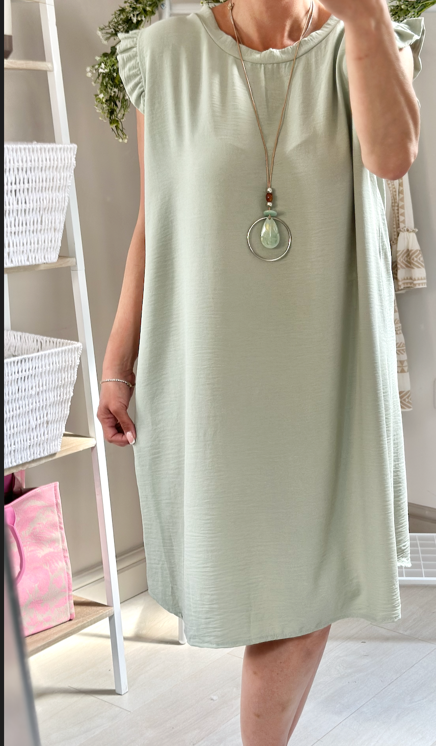 Made in Italy Sage Green Frill Sleeve Necklace Mini Dress