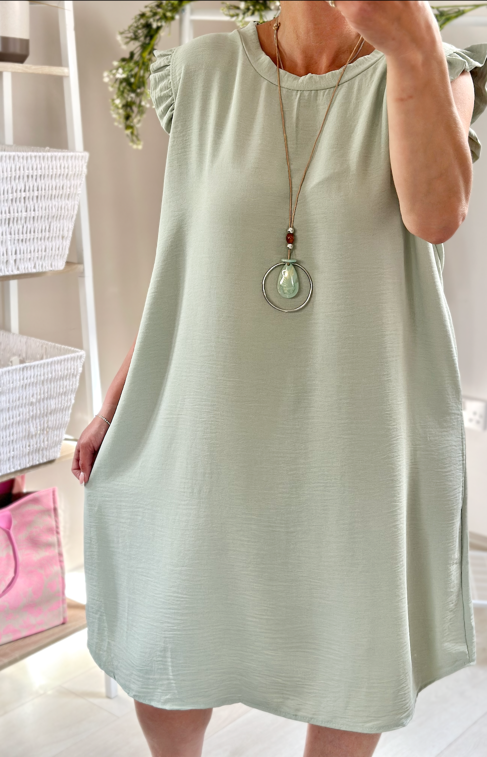 Made in Italy Sage Green Frill Sleeve Necklace Mini Dress