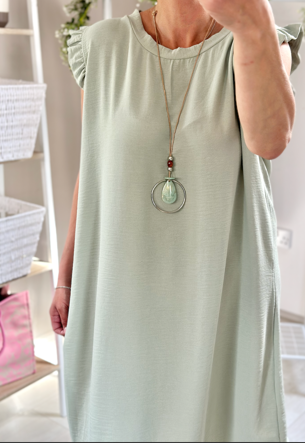 Made in Italy Sage Green Frill Sleeve Necklace Mini Dress
