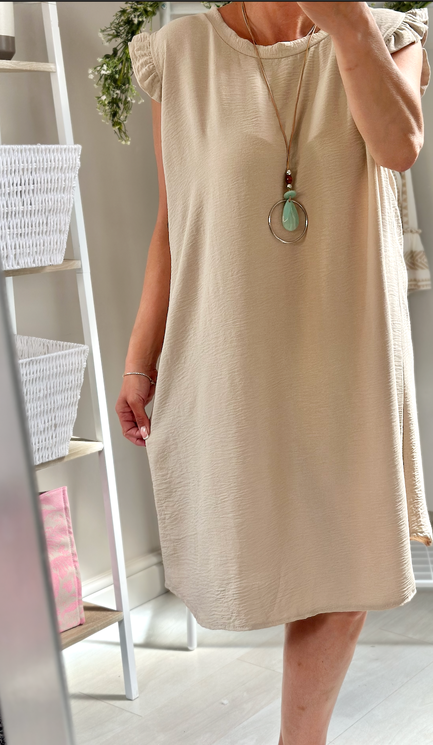 Made in Italy Beige Frill Sleeve Necklace Mini Dress