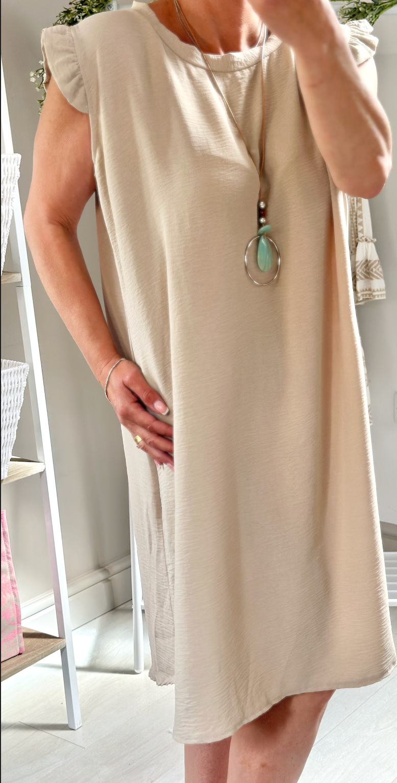 Made in Italy Beige Frill Sleeve Necklace Mini Dress