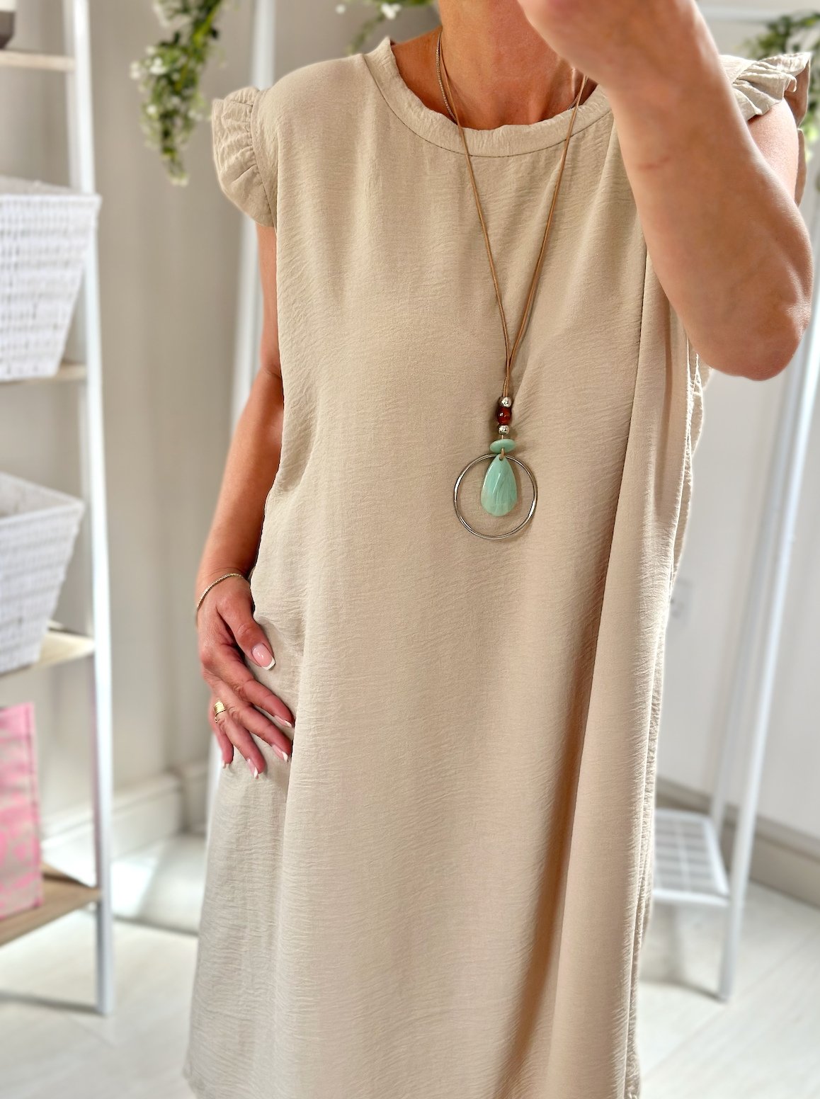 Made in Italy Beige Frill Sleeve Necklace Mini Dress
