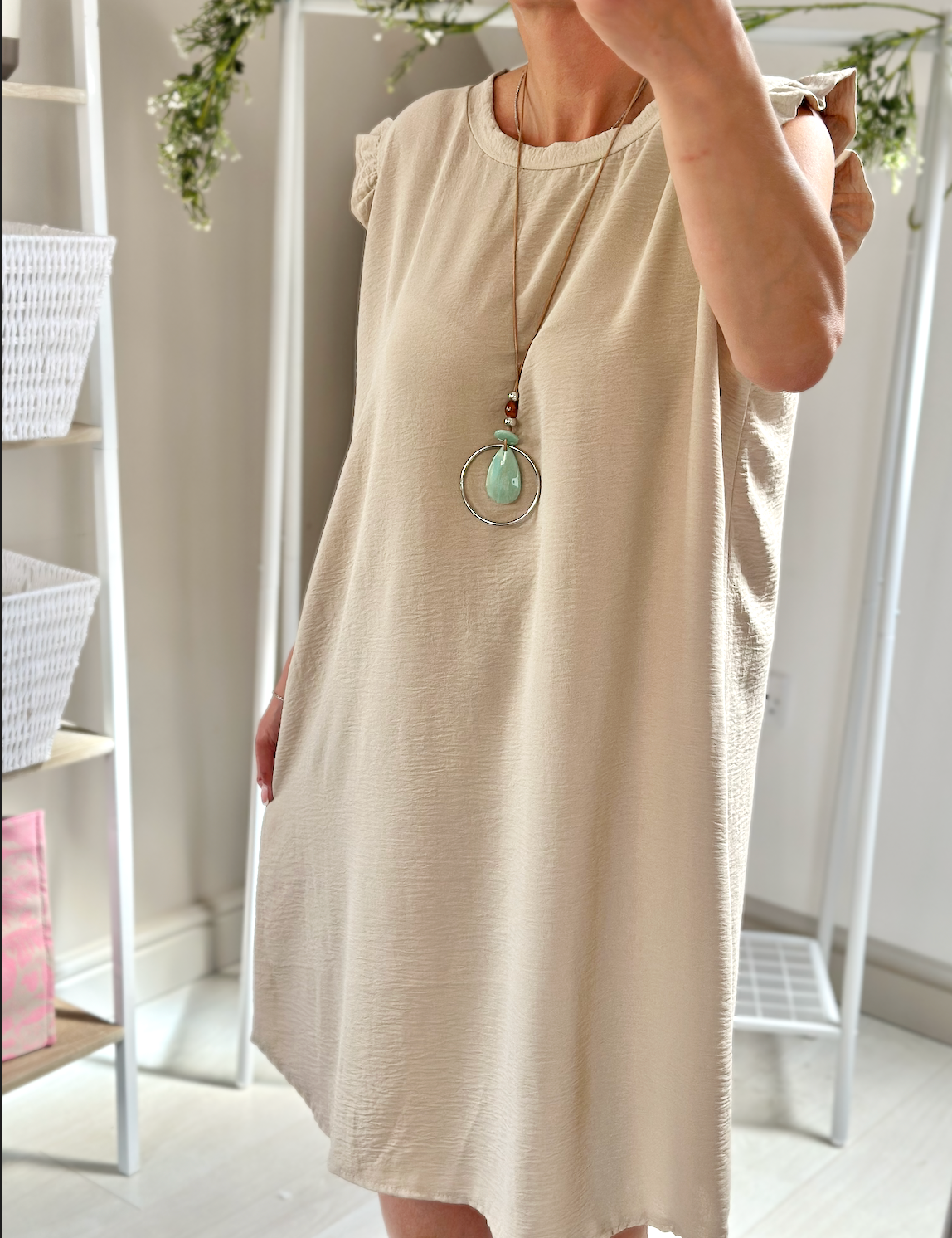 Made in Italy Beige Frill Sleeve Necklace Mini Dress