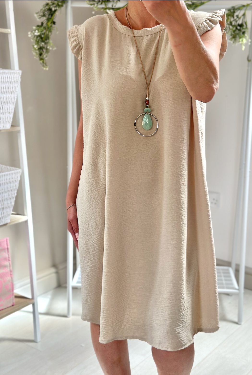 Made in Italy Beige Frill Sleeve Necklace Mini Dress