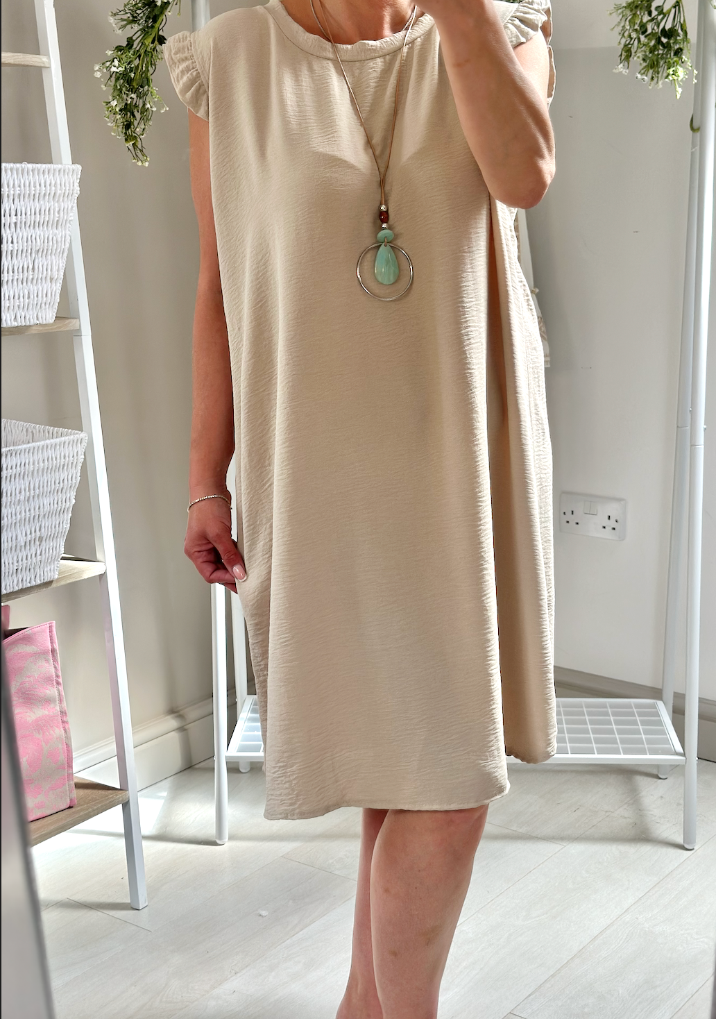 Made in Italy Beige Frill Sleeve Necklace Mini Dress