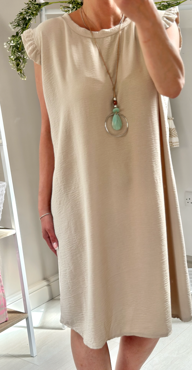 Made in Italy Beige Frill Sleeve Necklace Mini Dress