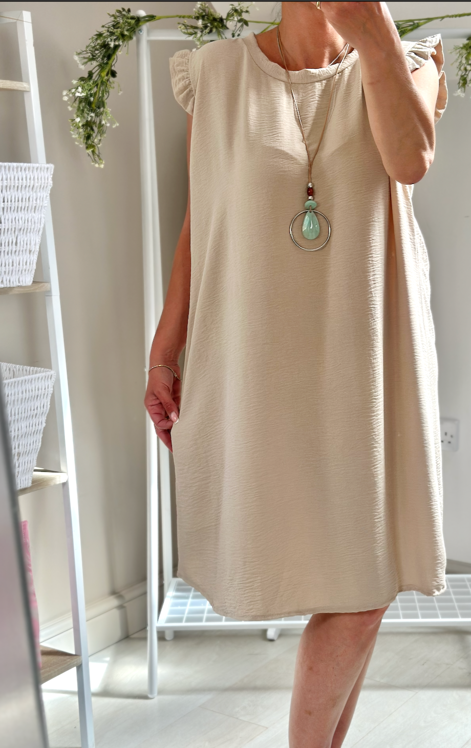 Made in Italy Beige Frill Sleeve Necklace Mini Dress