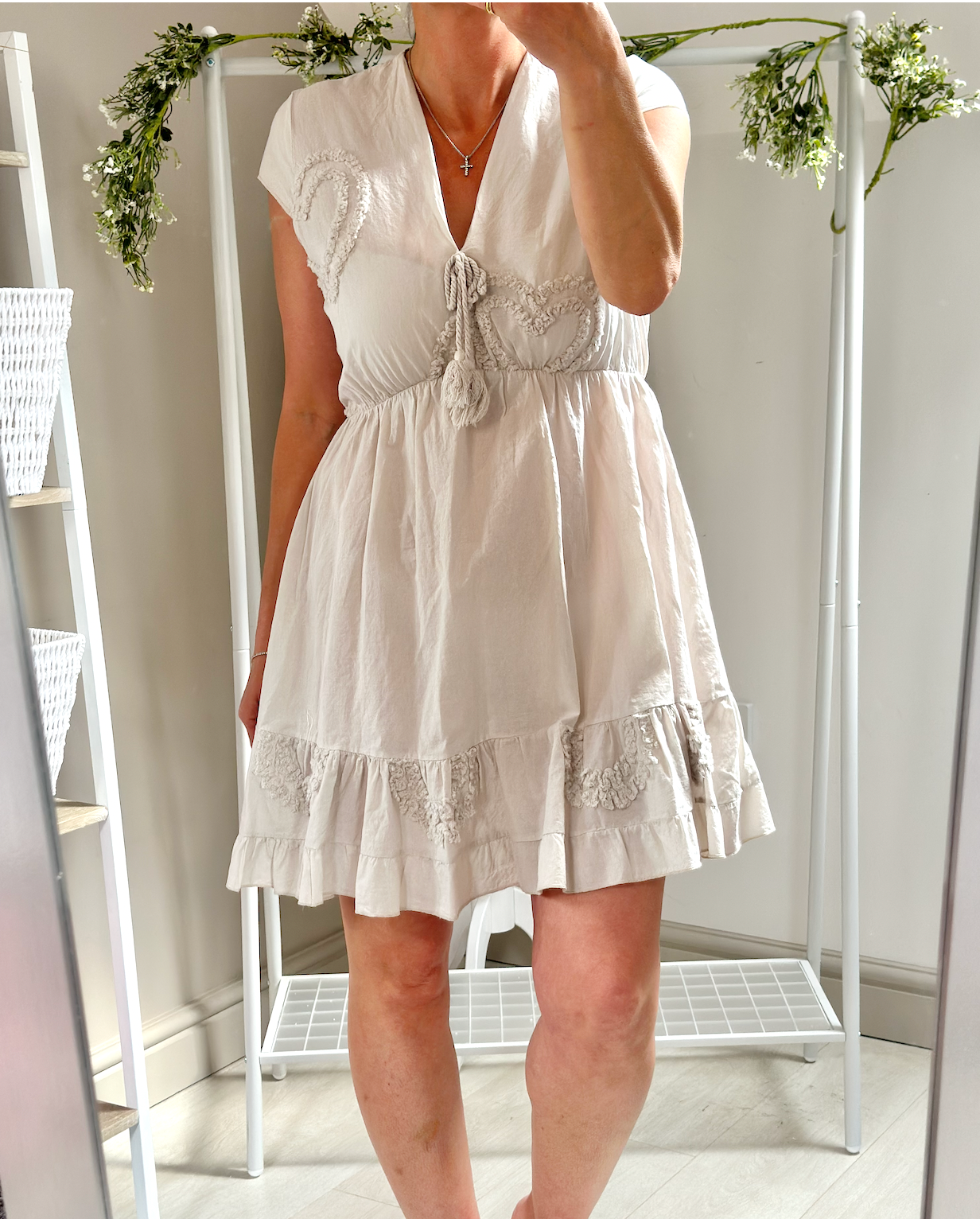 Made in Italy Beige Heart Embossed V Neck Mini Dress