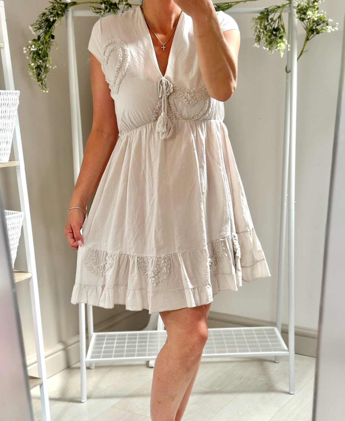 Made in Italy Beige Heart Embossed V Neck Mini Dress