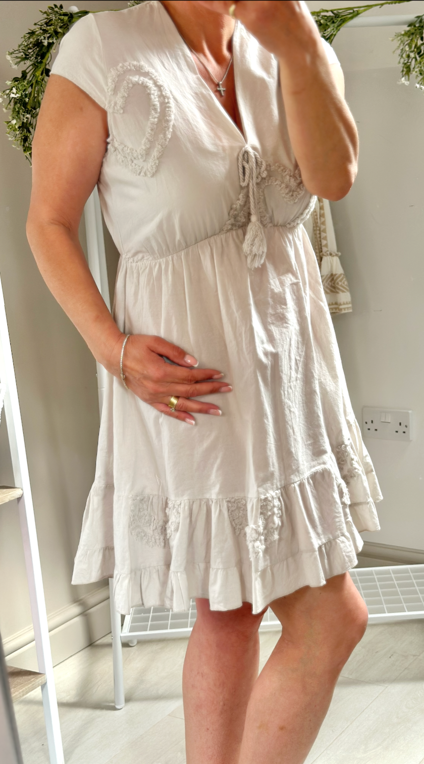 Made in Italy Beige Heart Embossed V Neck Mini Dress