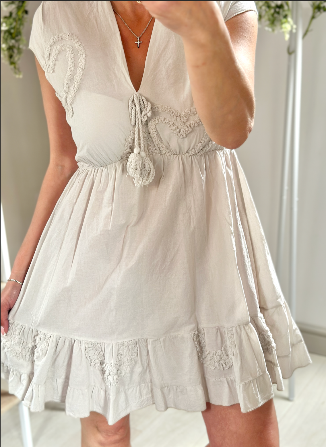 Made in Italy Beige Heart Embossed V Neck Mini Dress