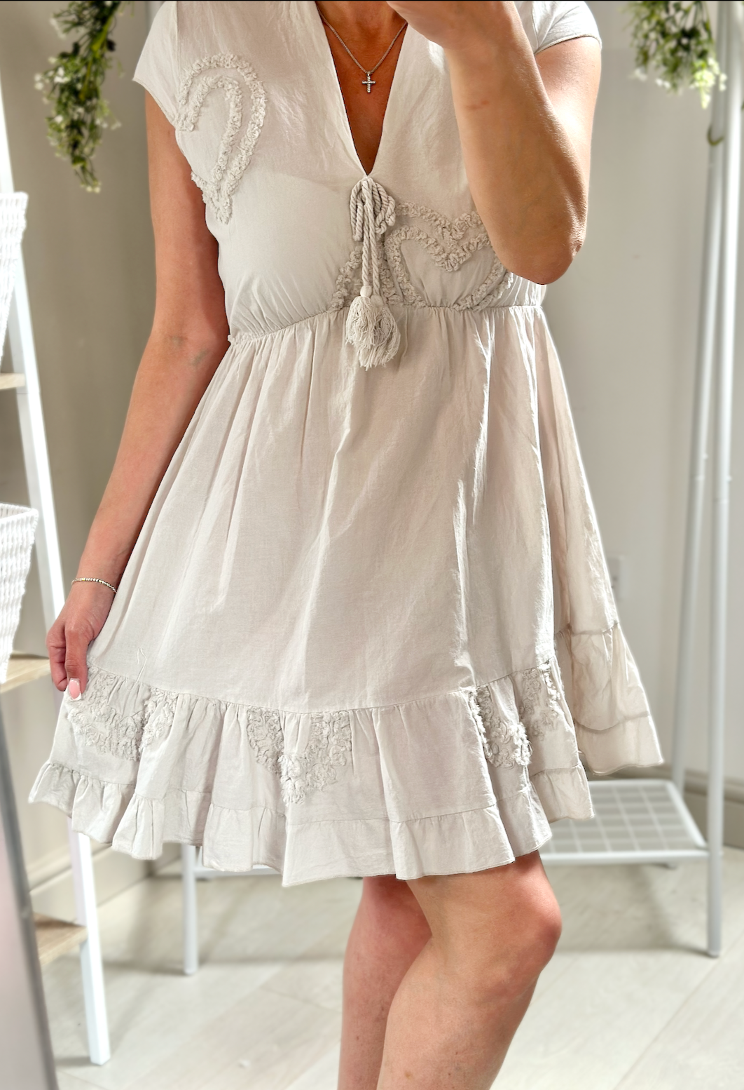 Made in Italy Beige Heart Embossed V Neck Mini Dress