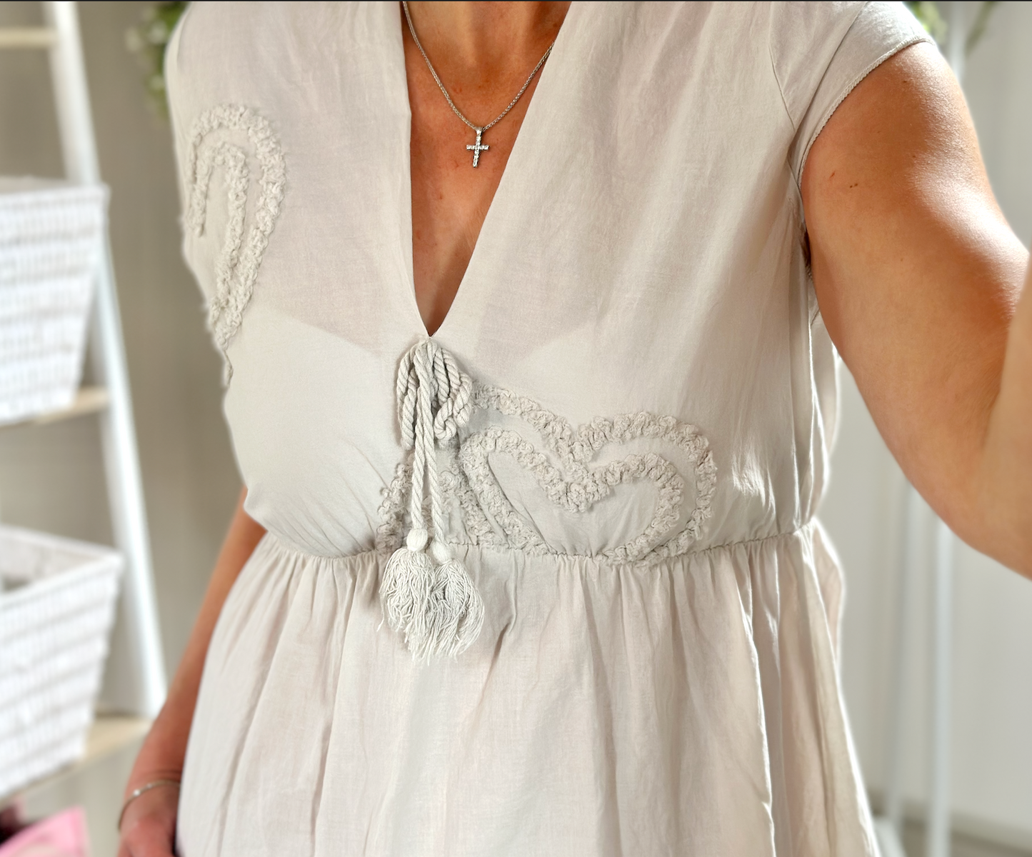 Made in Italy Beige Heart Embossed V Neck Mini Dress