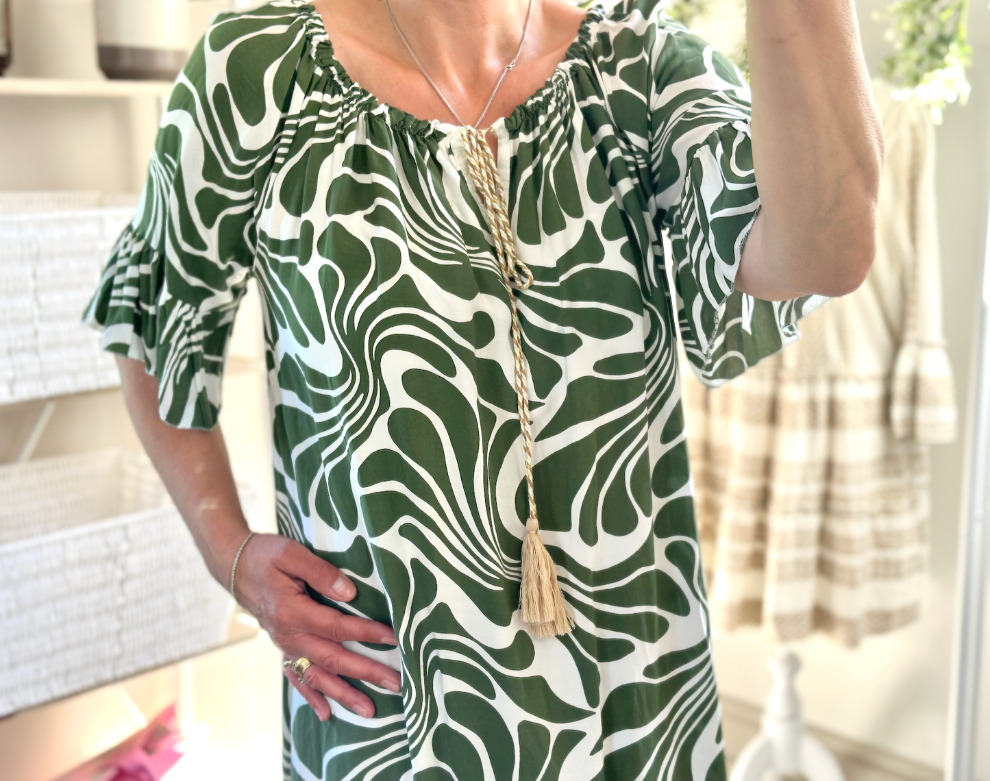 Made in Italy Khaki Swirl Print Bardot Midi Dress