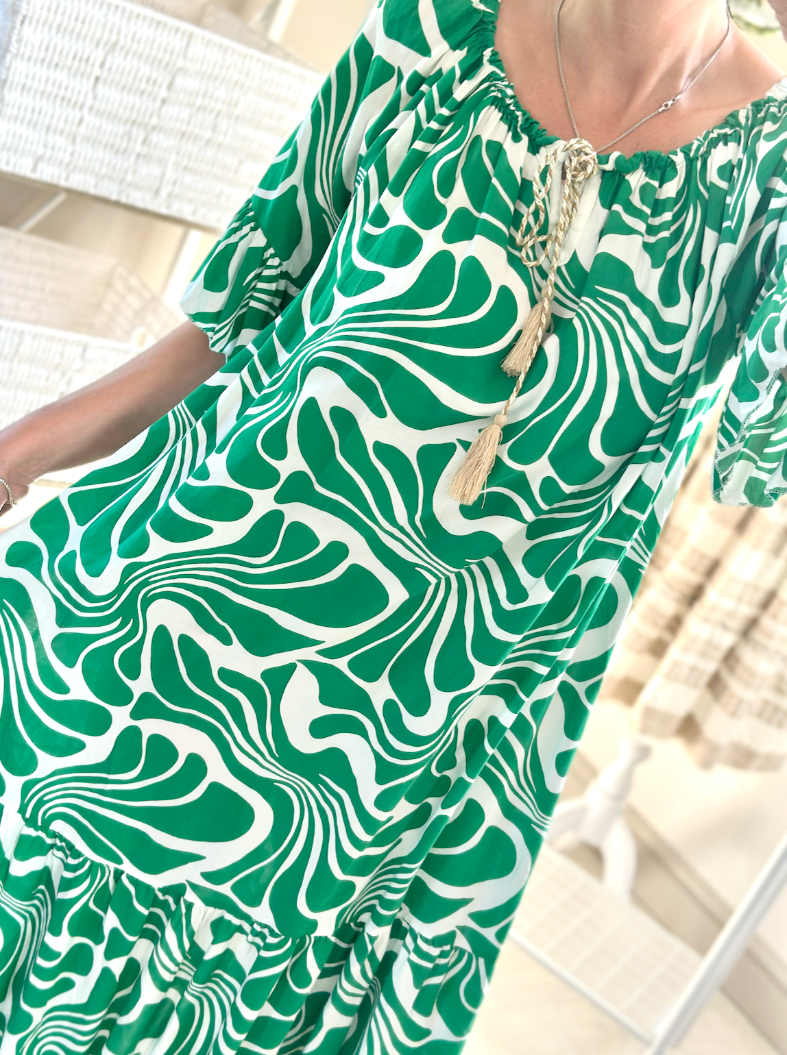 Made in Italy Jade Swirl Print Bardot Midi Dress