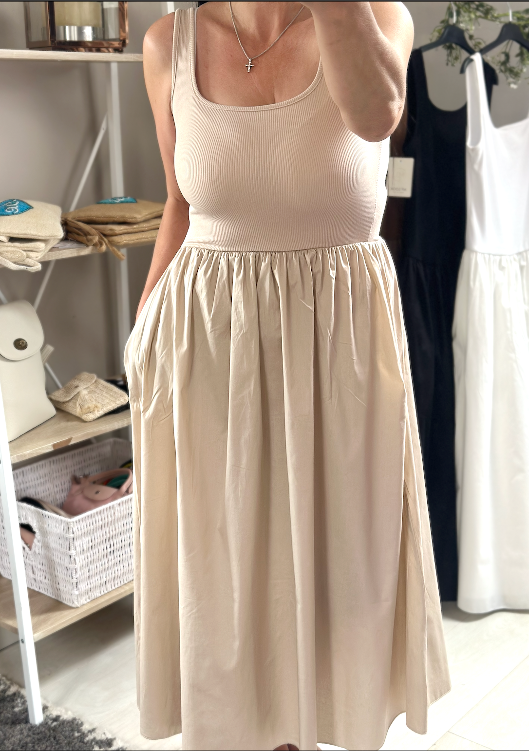 Made in Italy Beige Square Neck Sleeveless Pocket Dress