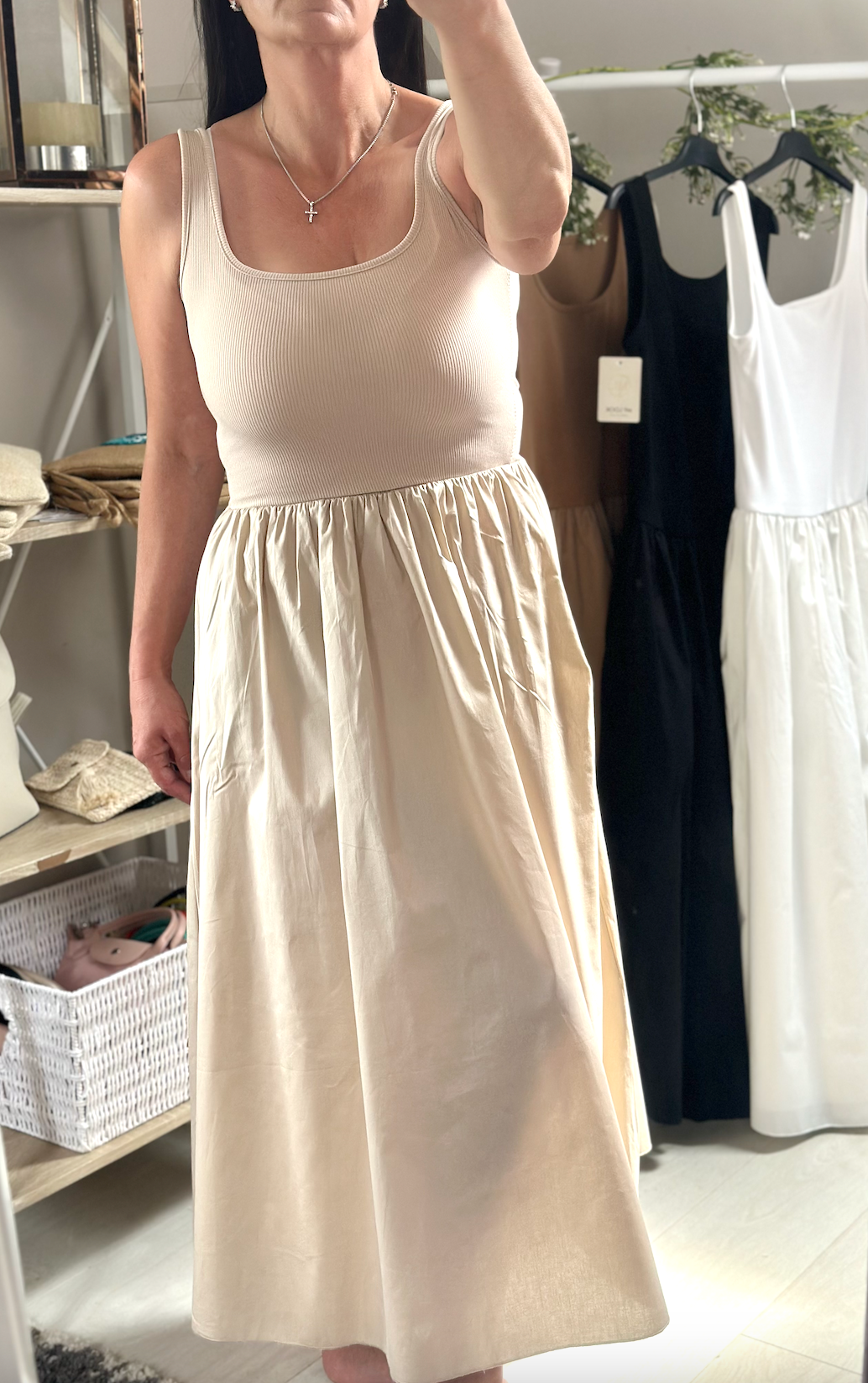 Made in Italy Beige Square Neck Sleeveless Pocket Dress