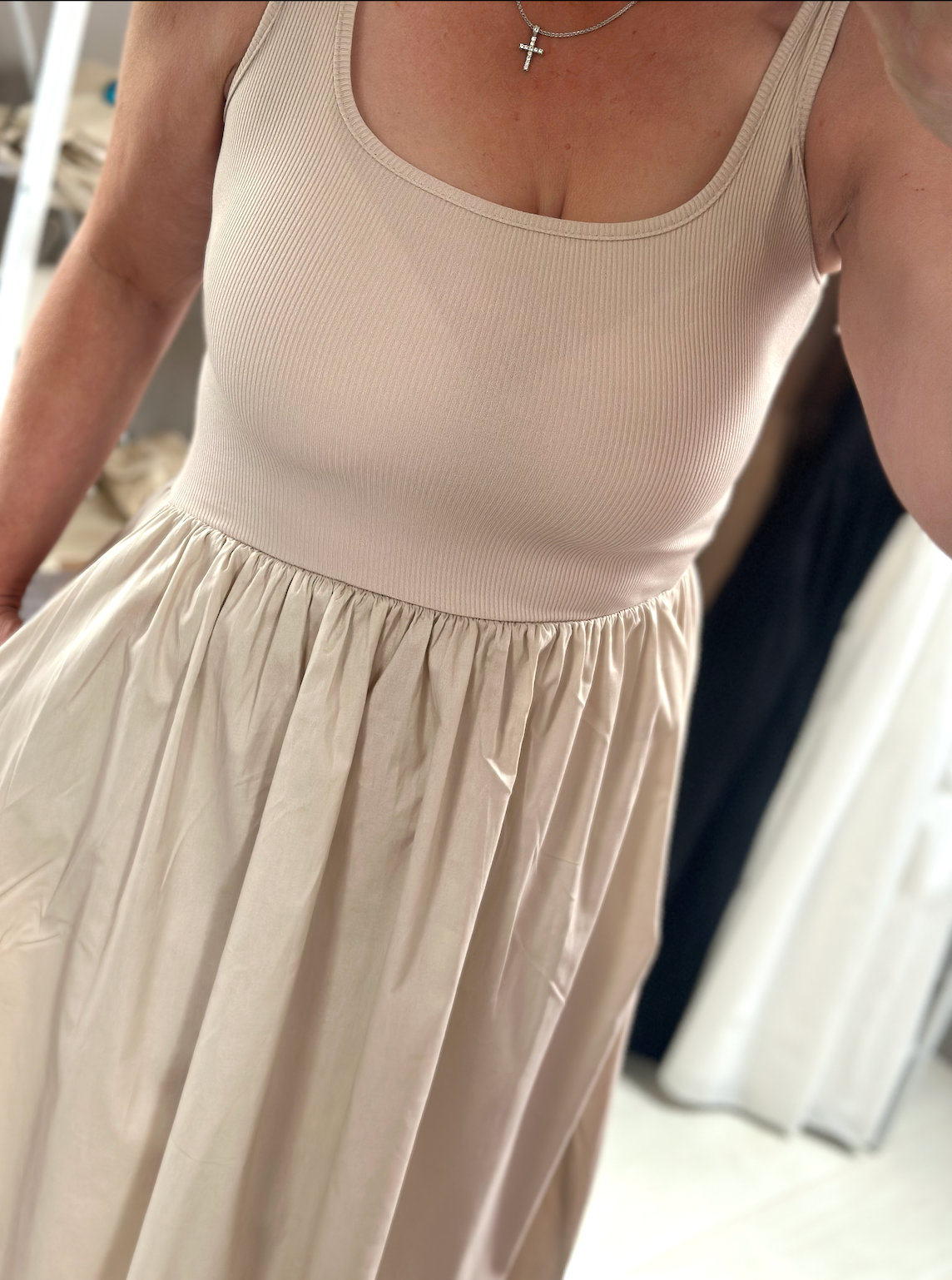 Made in Italy Beige Square Neck Sleeveless Pocket Dress