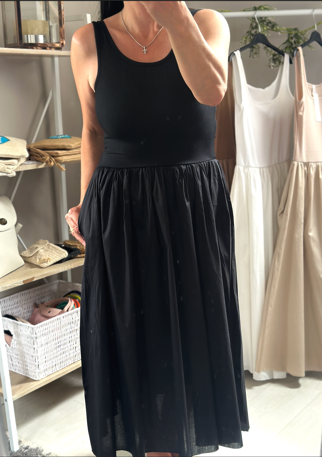Made in Italy Black Square Neck Sleeveless Pocket Dress