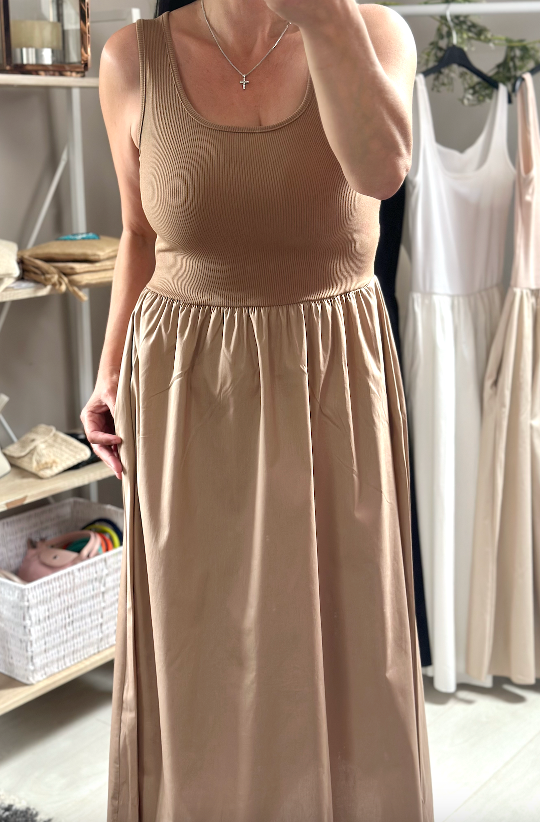 Made in Italy Tan Square Neck Sleeveless Pocket Dress