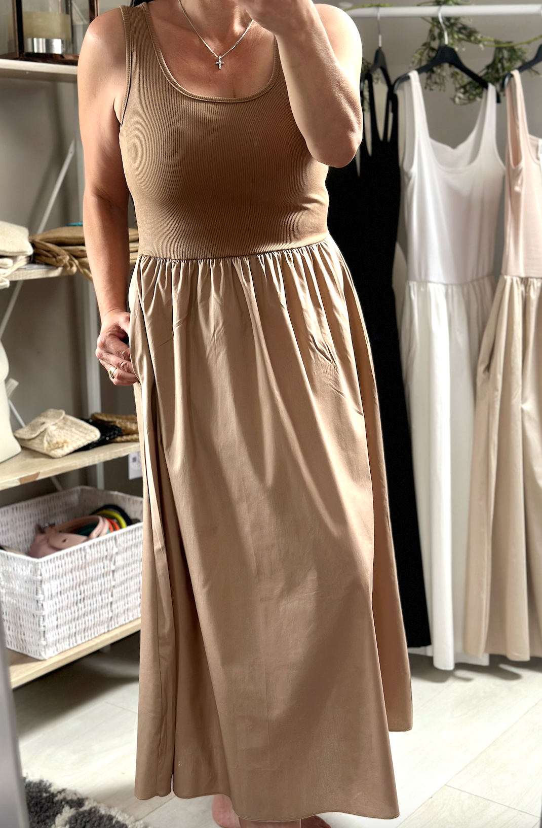 Made in Italy Tan Square Neck Sleeveless Pocket Dress