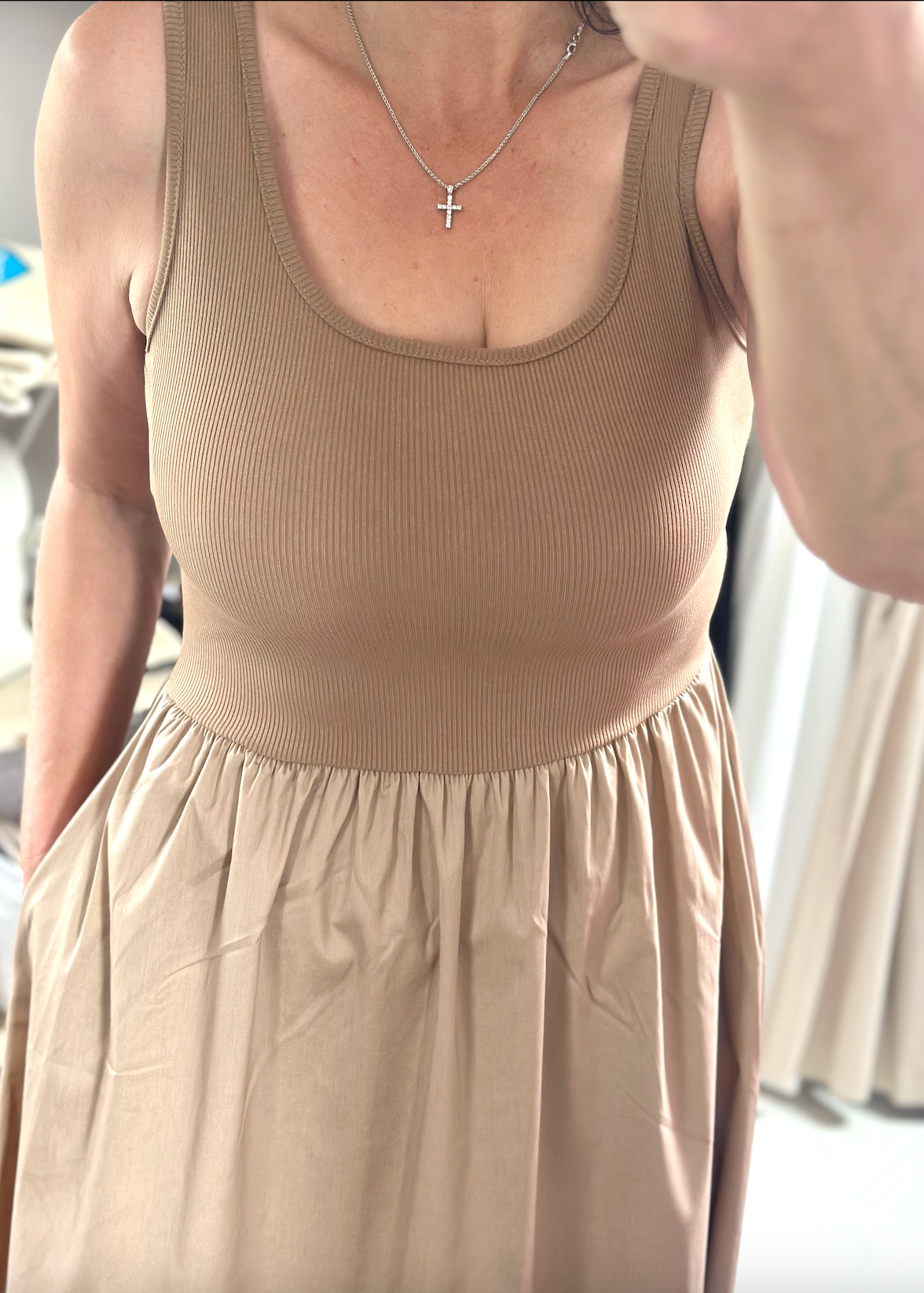 Made in Italy Tan Square Neck Sleeveless Pocket Dress
