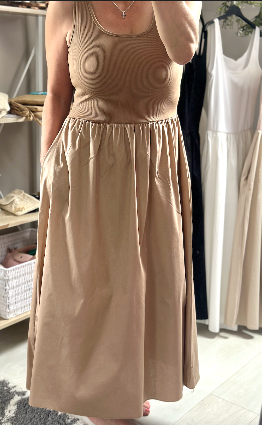 Made in Italy Tan Square Neck Sleeveless Pocket Dress