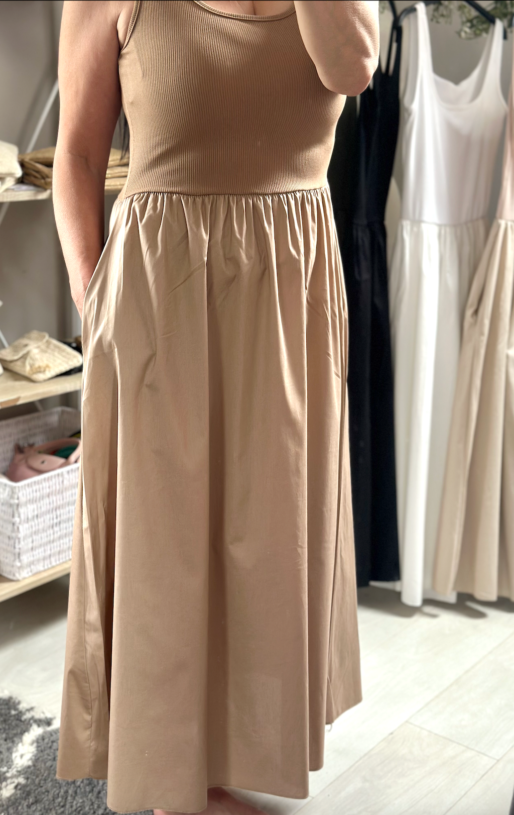 Made in Italy Tan Square Neck Sleeveless Pocket Dress
