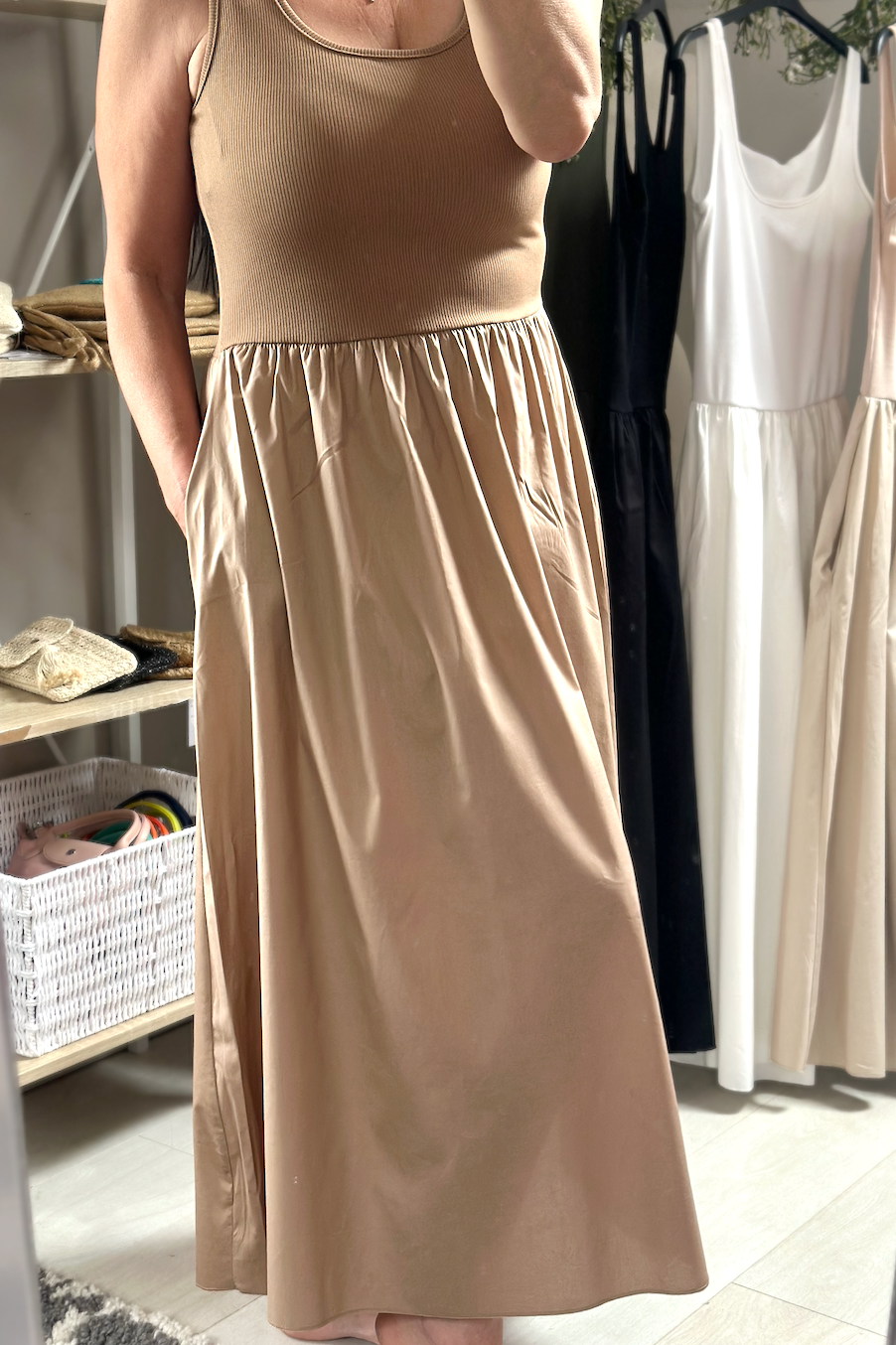 Made in Italy Tan Square Neck Sleeveless Pocket Dress