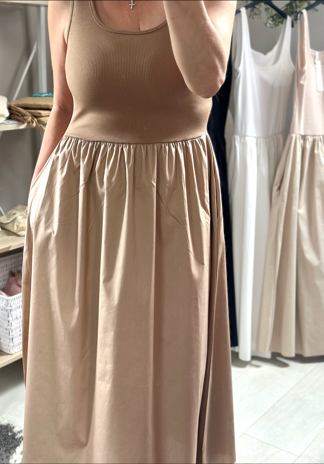 Made in Italy Tan Square Neck Sleeveless Pocket Dress