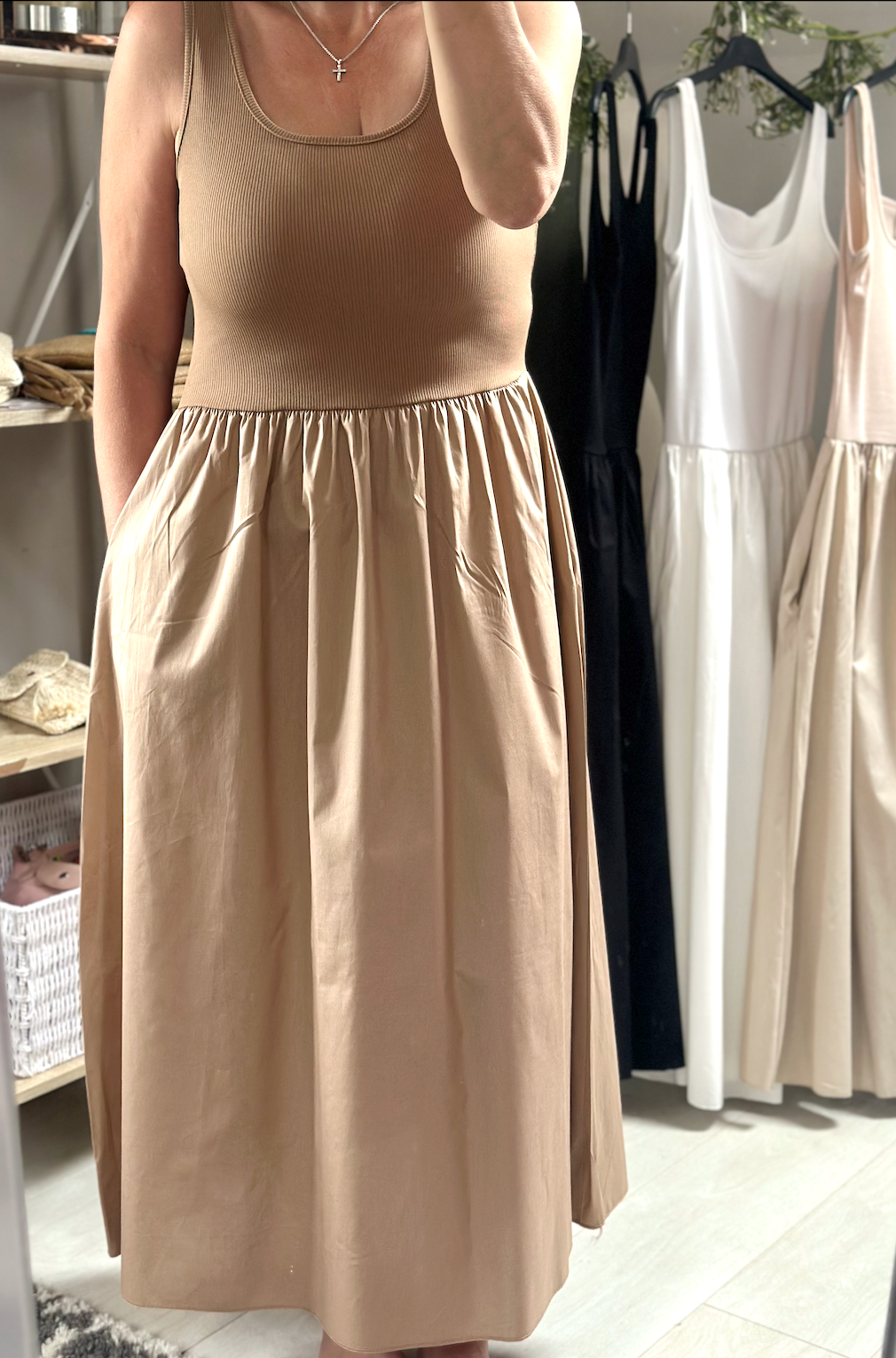 Made in Italy Tan Square Neck Sleeveless Pocket Dress
