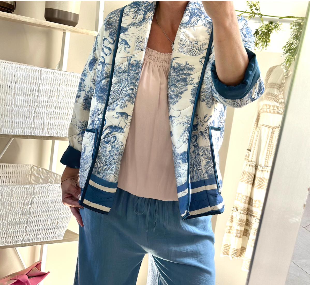 Made in Italy Light Blue Toile Du Jouy Quilted Jacket