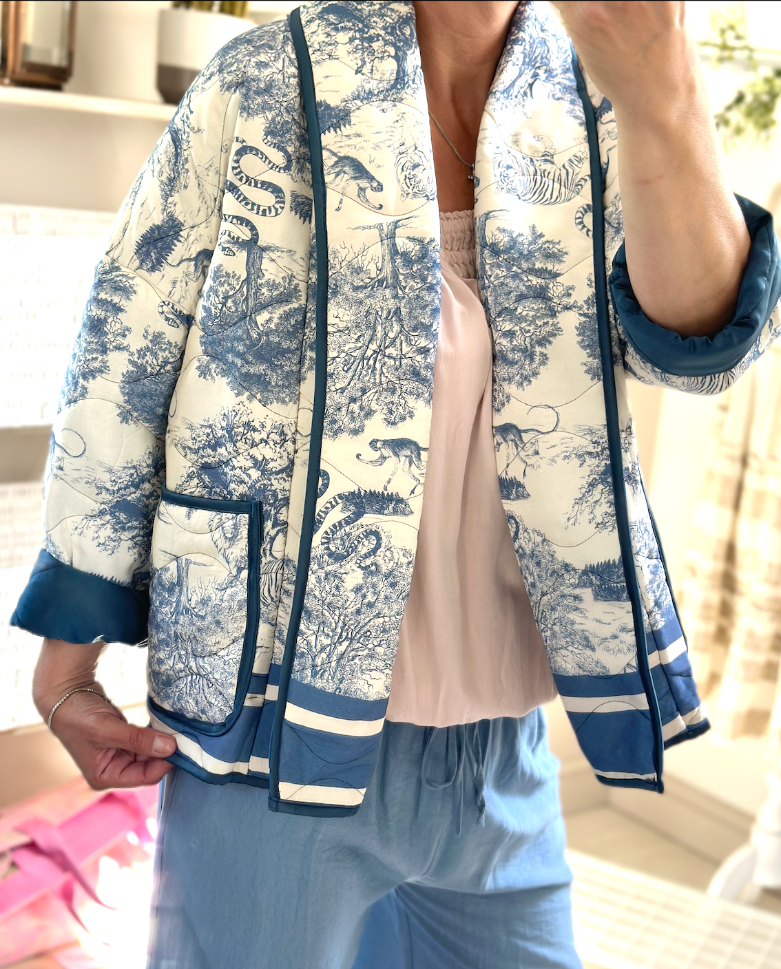 Made in Italy Light Blue Toile Du Jouy Quilted Jacket