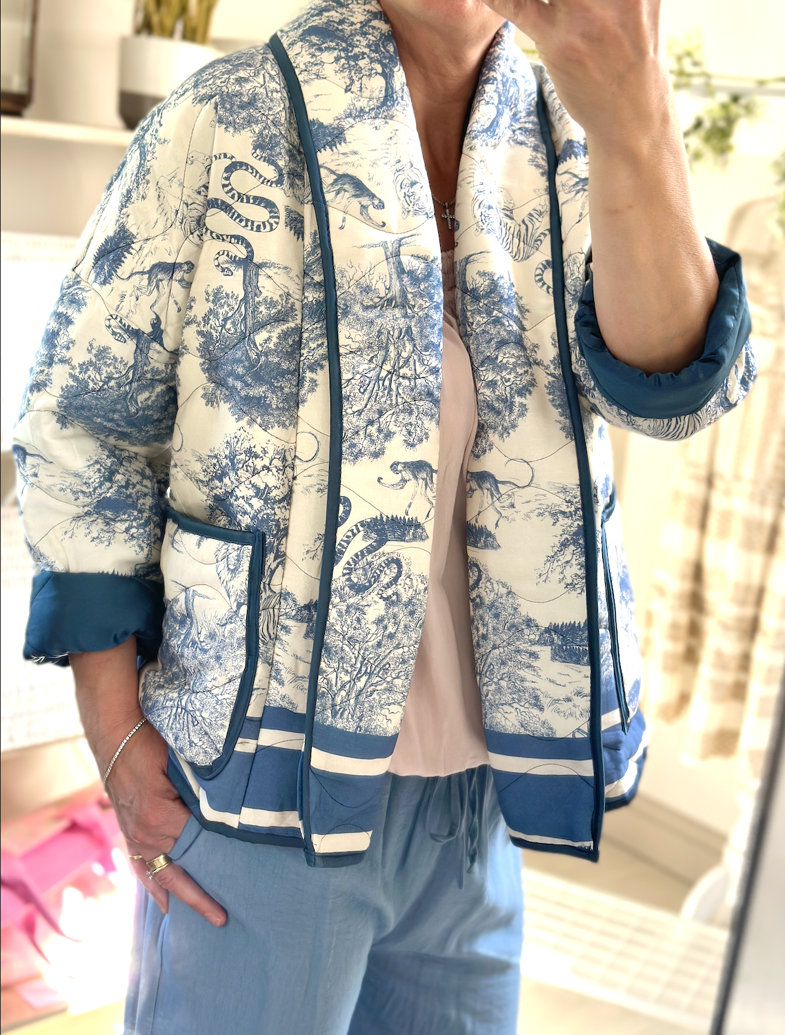 Made in Italy Light Blue Toile Du Jouy Quilted Jacket