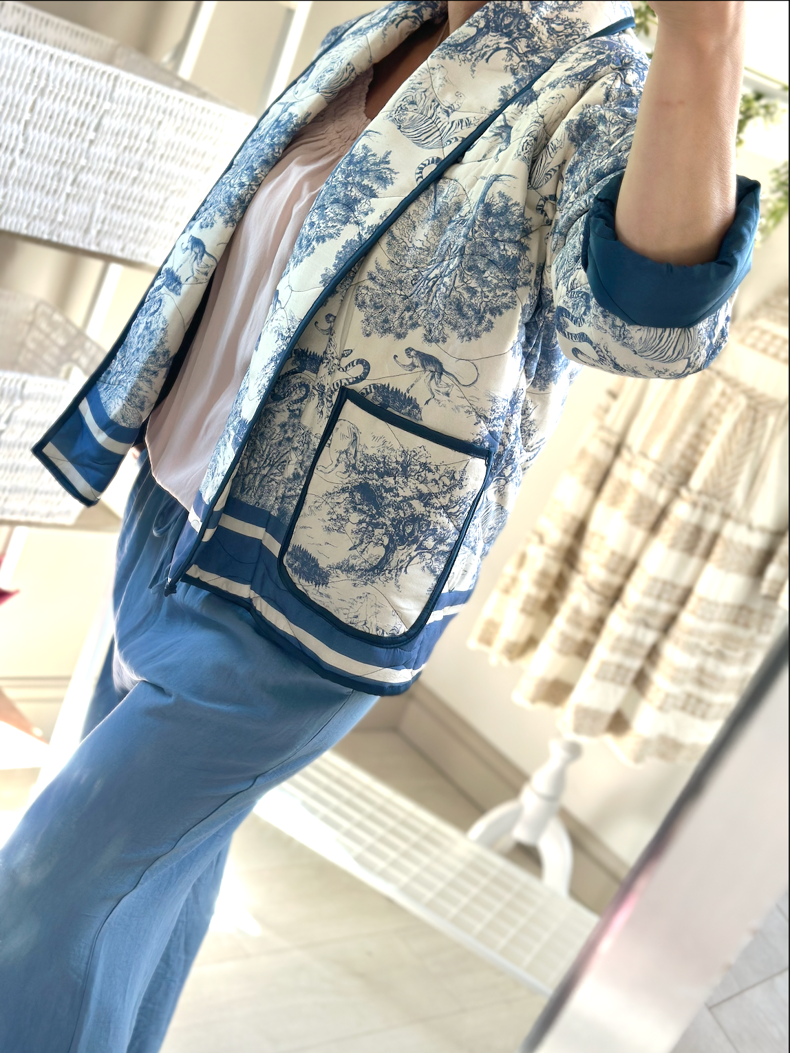 Made in Italy Light Blue Toile Du Jouy Quilted Jacket